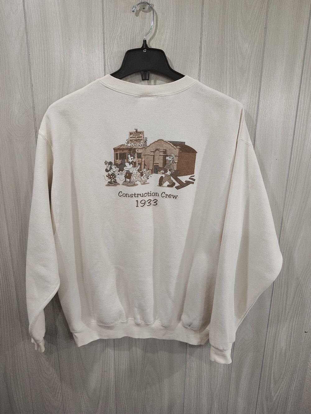 Disney Store Construction Crew 1933 Men Size L Mickey Crewneck Sweatshirt Beige